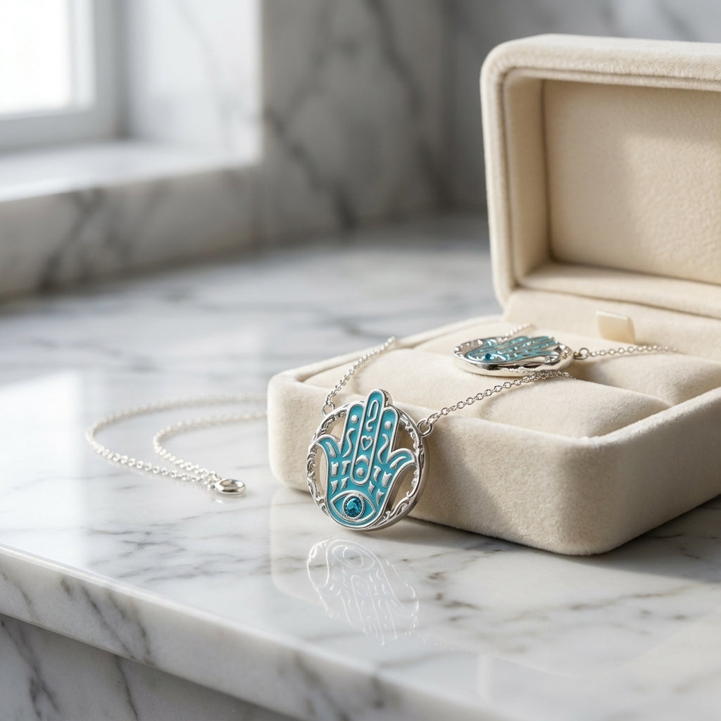 Azure Guardian Hamsa Pendant Necklace in Sterling Silver