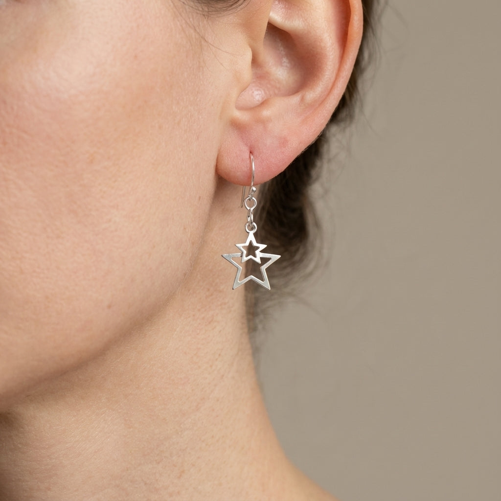 Double Star Drops Silver Earrings Trendy Celestial Jewelry for Women