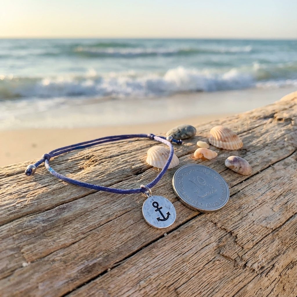 Anchor Charm Bracelet in Navy Mauve Silk Cord