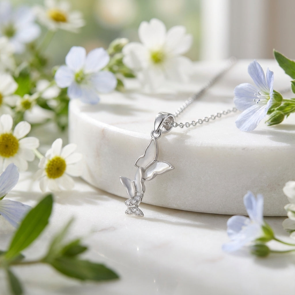 Sterling Silver Triple Butterfly Pendant Necklace with Enamel & Pavé CZ