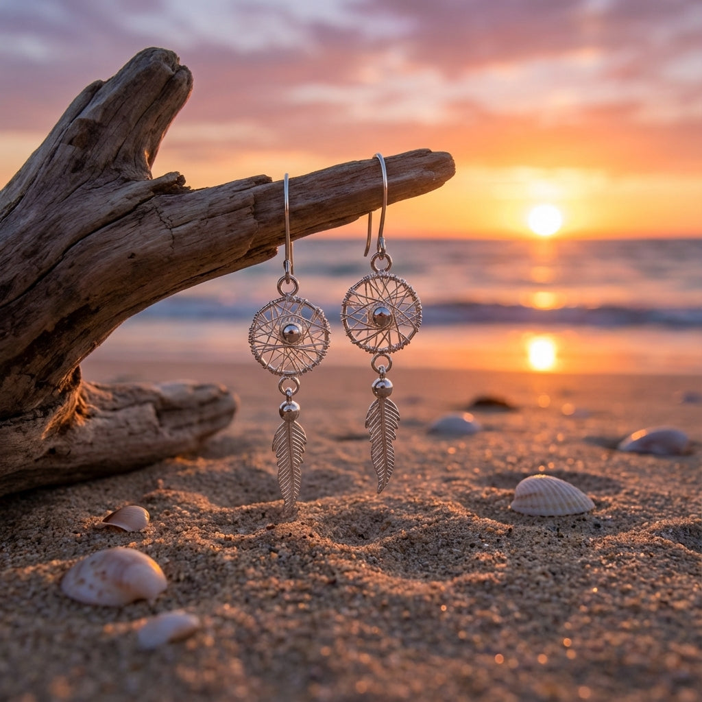 Silver earrings on Kite beach Dubai with a sunset in the background