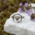 Handcrafted Hexagon Bee Unisex Ring in Oxidized Sterling Silver