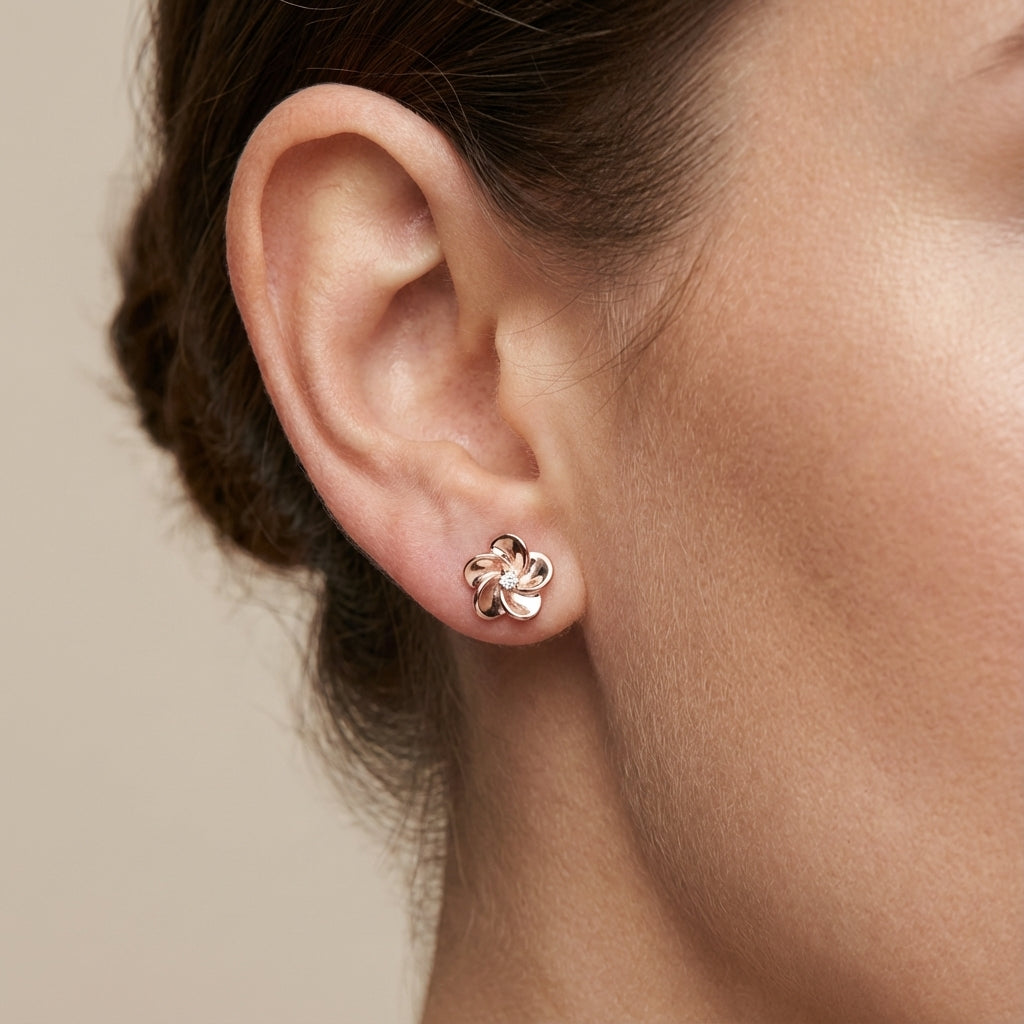 Floral Rose Gold Stud Earrings in 925 Sterling Silver with Rhinestone