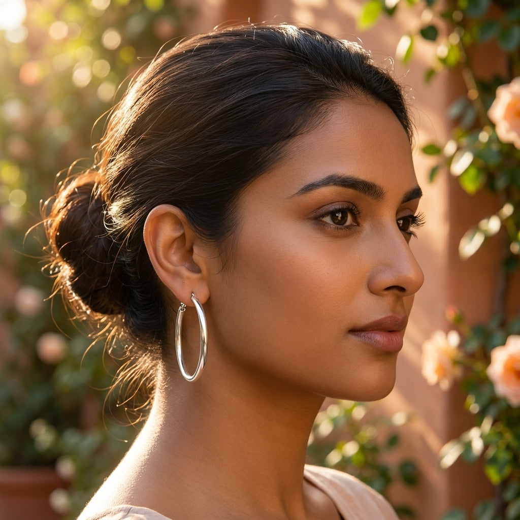 Woman with hoop earrings looking to the side with a blurred natural background wearing 925 silver for sensitive ears 