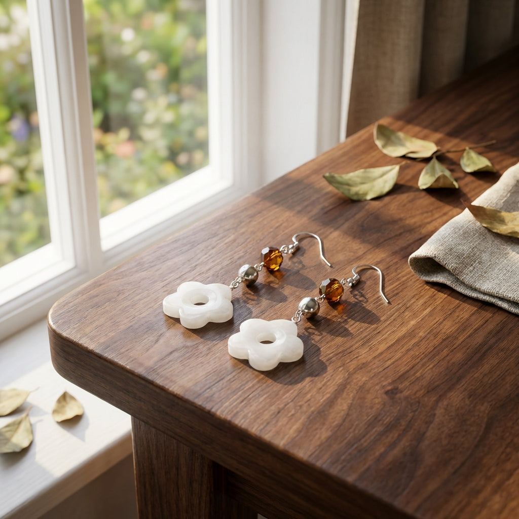 Sterling Silver Flower Earrings – Angelic Snow Quartz & Yellow Carnelian Crystal Drops