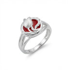 Satin Tulip Silver Ring with Botanical Bypass Design White and Red Enamel
