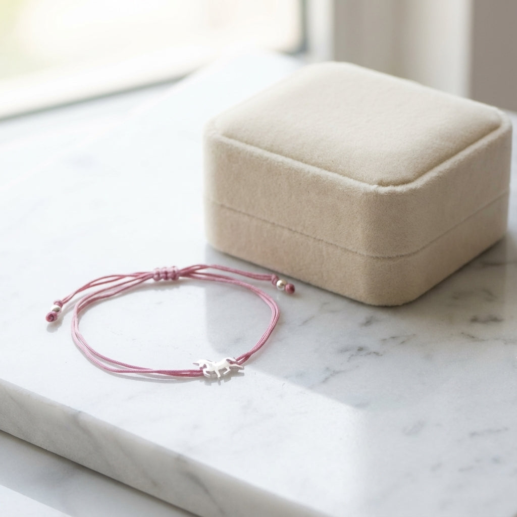 Whimsy Unicorn Bracelet in Silver with Pink Cord