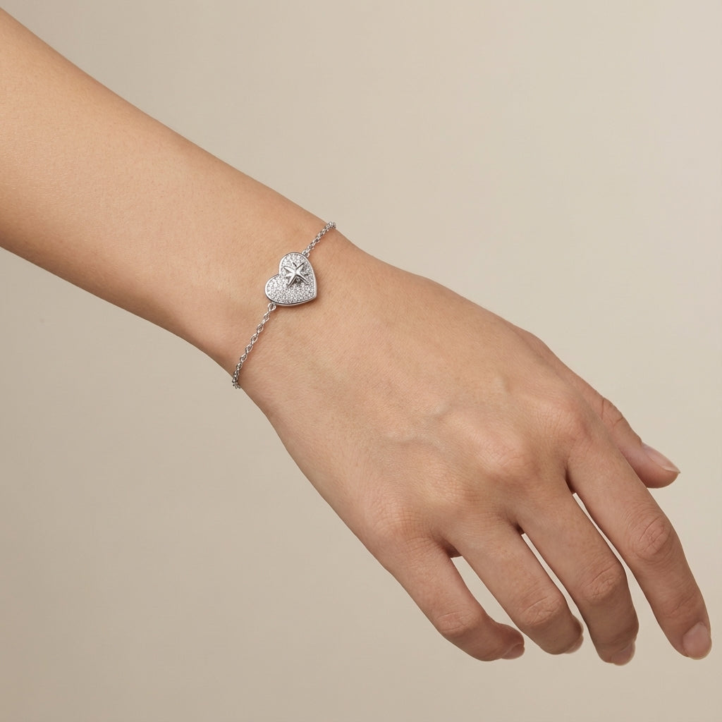 Sterling Silver Rhodium Plated Heart Bracelet with CZ Northern Star