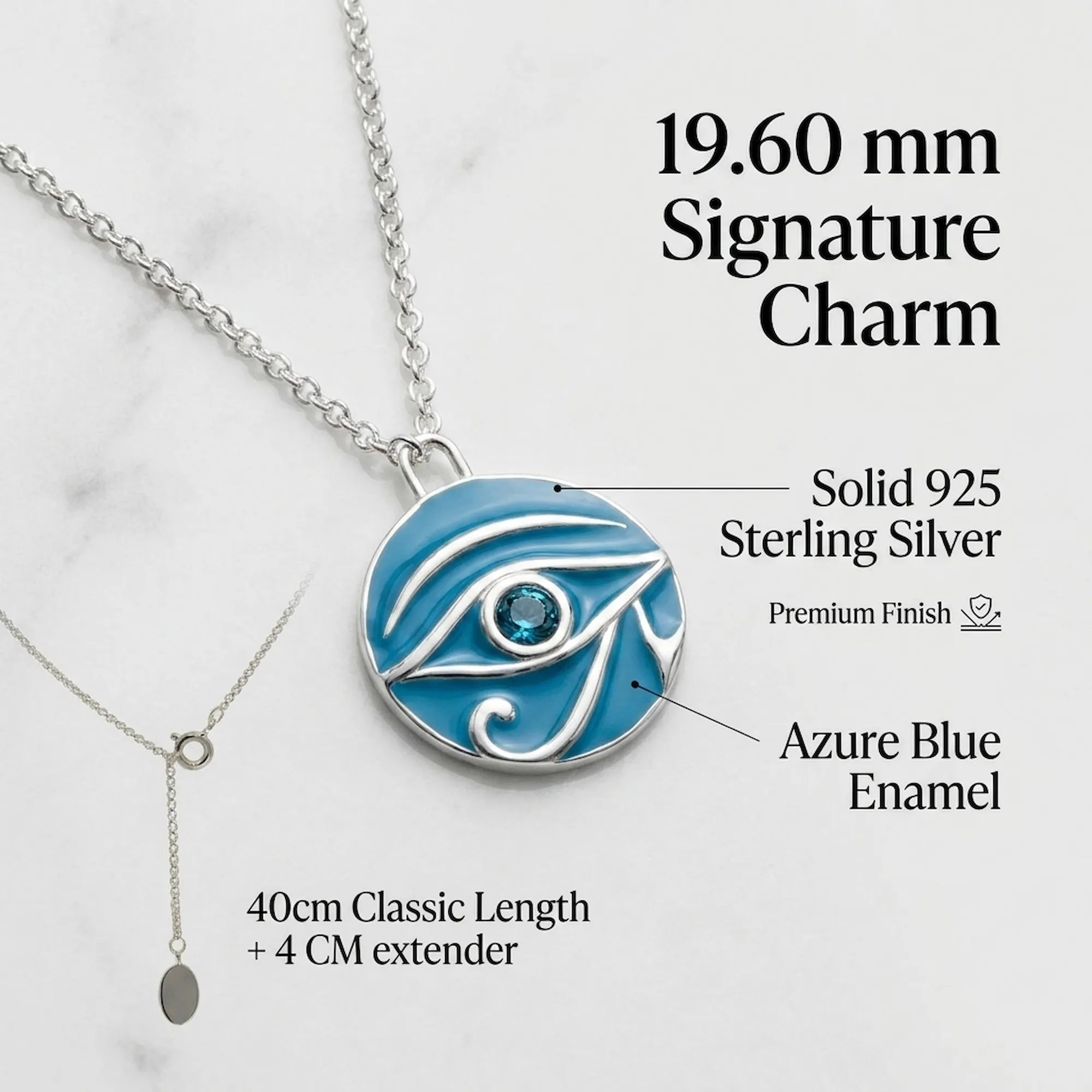 Infographic Feature Breakdown, Silver necklace with a blue enamel eye charm on a white background