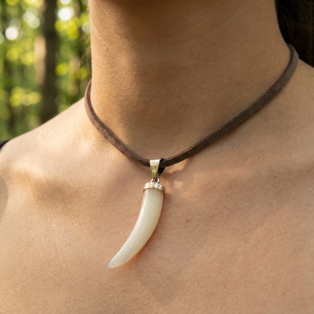 Sterling Silver Mother of Pearl Horn Necklace with Leather Boho Pendant