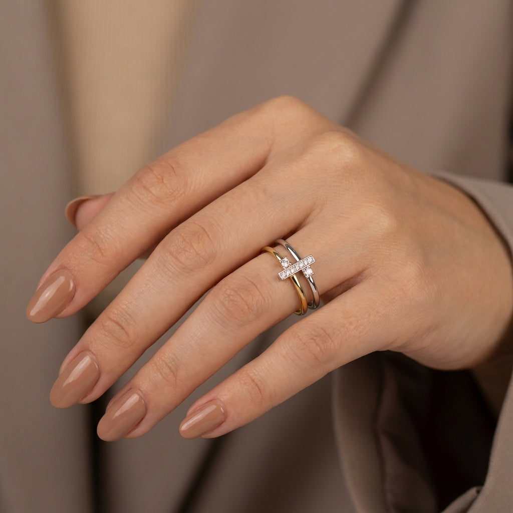 Dual Link Pavé Ring in Gold and Silver Harmony