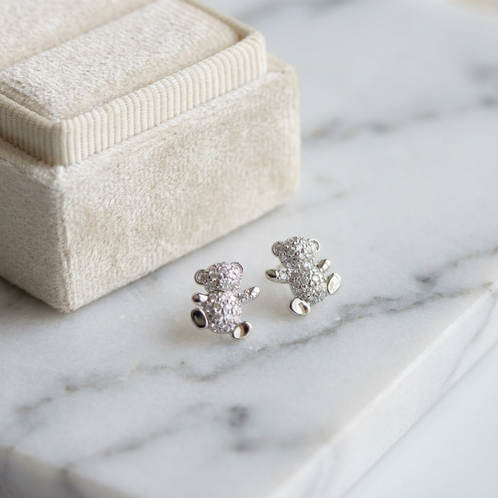 Pavé Teddy Bear Silver Stud Earrings in Sterling
