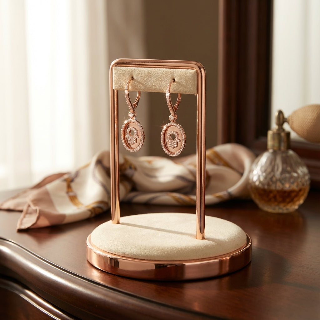 أقراط بيضاوية متدلية على شكل يد همسة من الفضة الإسترليني مرصعة بالزركونيا