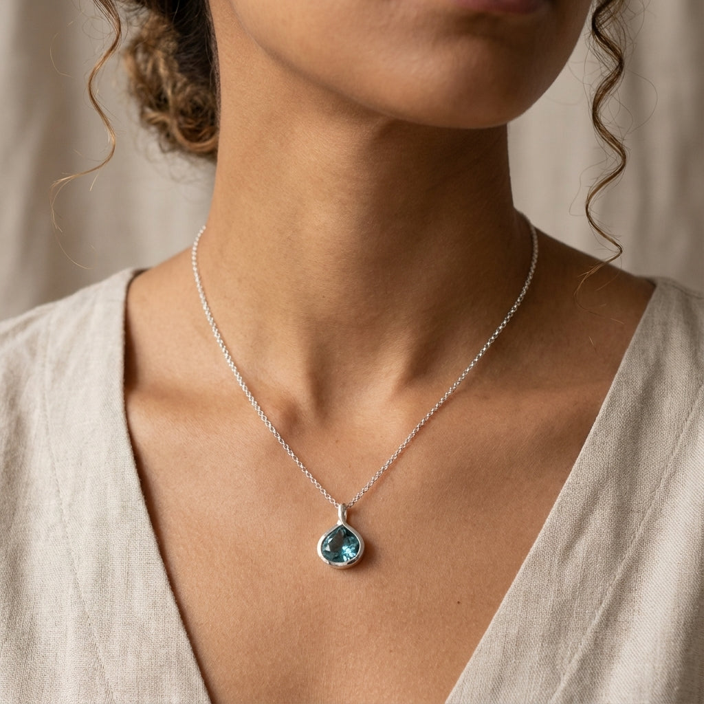 Blue Lotus Silver Pendant Necklace with Sky Blue Topaz