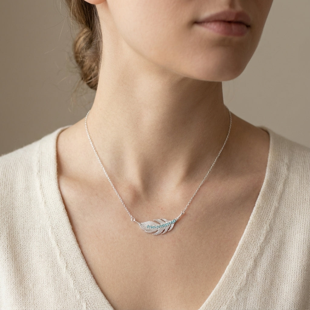 Feather Necklace in 925 Sterling Silver with Turquoise Swarovski