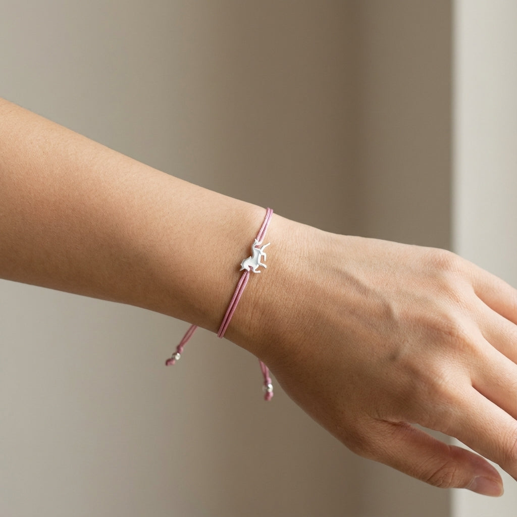 Whimsy Unicorn Bracelet in Silver with Pink Cord