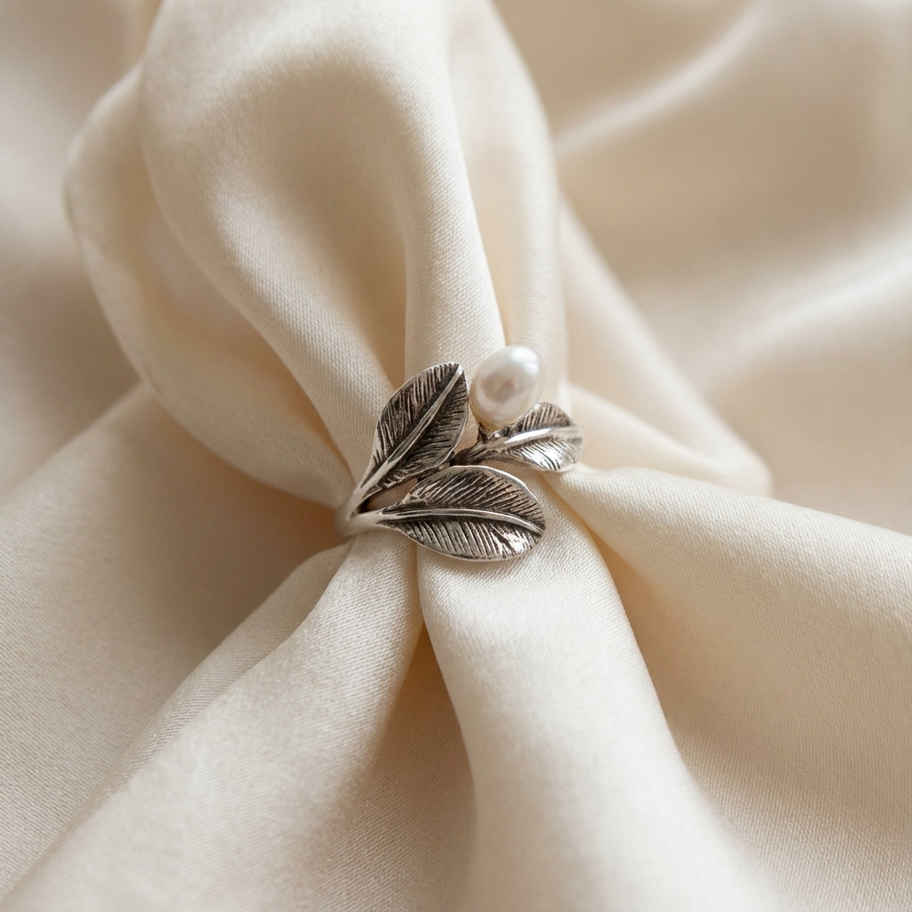 Flora Pearl Ring Sterling Silver Leaf Design with Freshwater Pearl