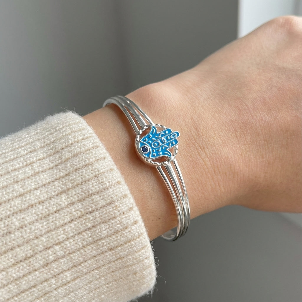 Protective Hamsa Enamel Cuff Bracelet in Sterling Silver – Teal Opal & Azure Topaz