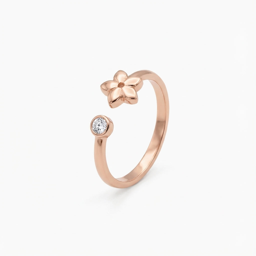 gold-plated open ring with five-petal flower and rhinestone inspired by jasmine on 925 silver