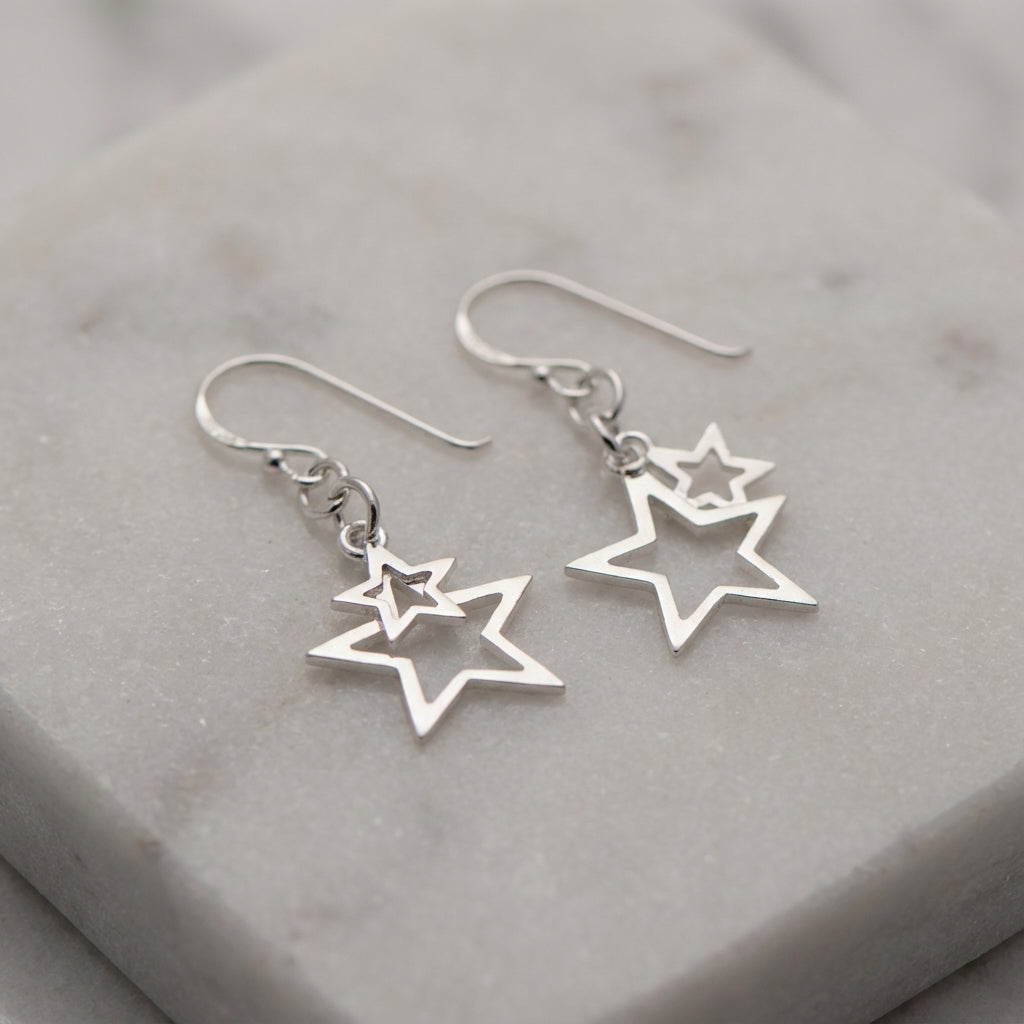 Double Star Drops Silver Earrings Trendy Celestial Jewelry for Women