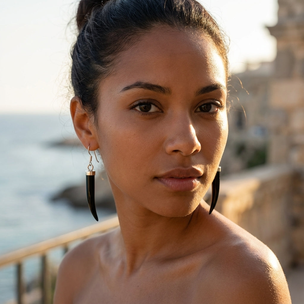 Sterling Silver Horn Dangle Earrings - Green Aventurine, Black Onyx and Mother of Pearl
