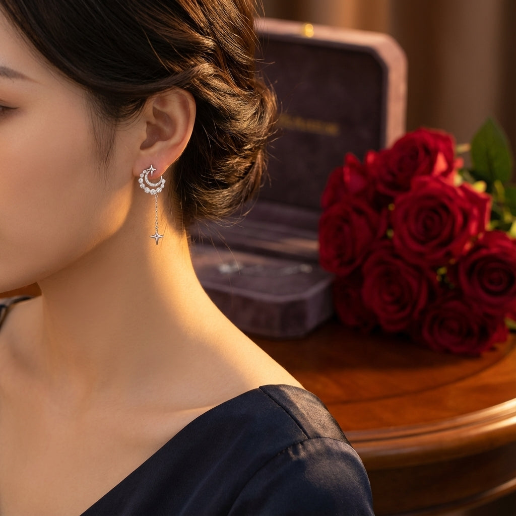 Crescent Moon and Star Drop Earrings in 925 Sterling Silver – Rhodium & 18K Gold