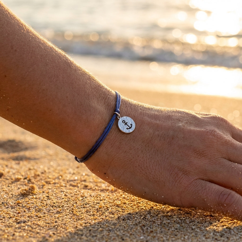 Anchor Charm Bracelet in Navy Mauve Silk Cord