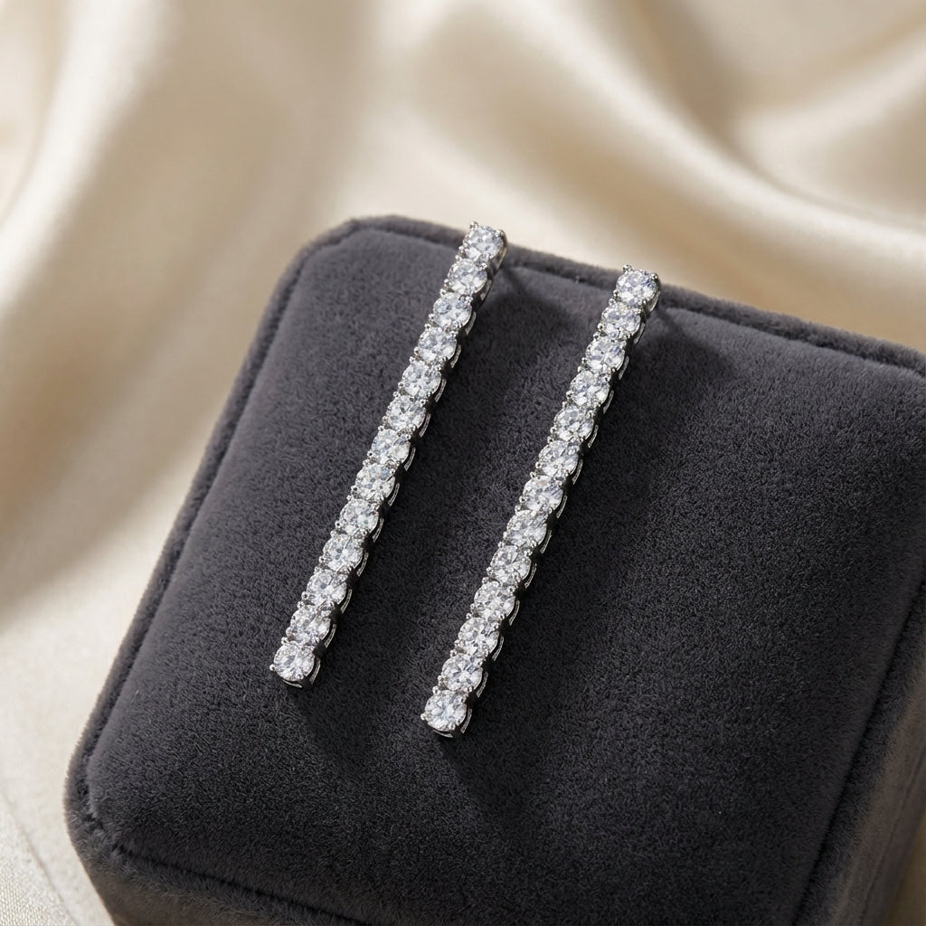Sterling Silver Linear Tennis Earrings with CZ | Rhodium Plated Tarnish-Free Jewelry