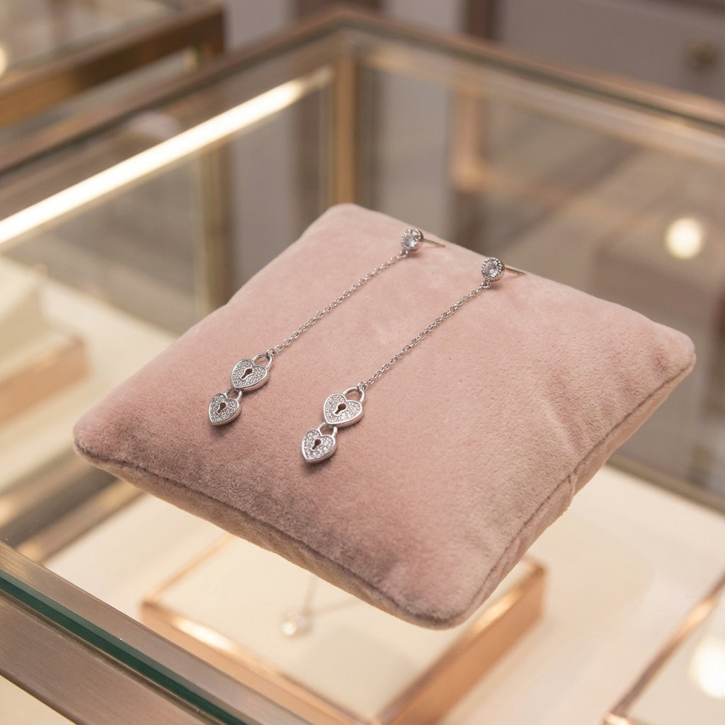 أقراط متدلية بتصميم قفل القلب 2 في 1 من الفضة الإسترليني