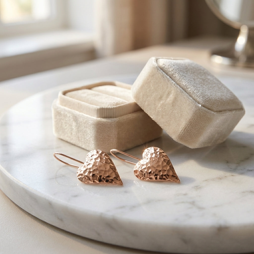 Hammered Rose Gold Heart Drop Earrings in Fine Silver