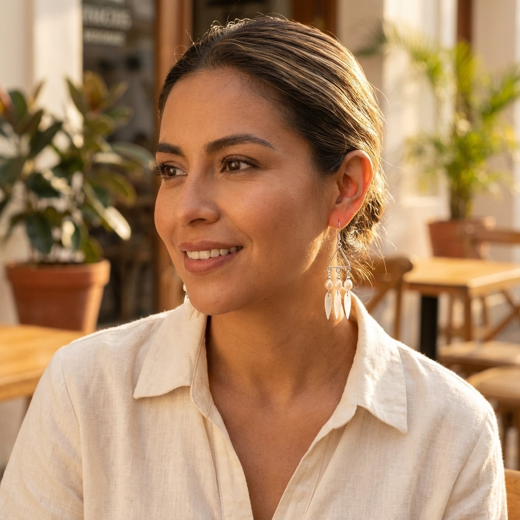 Woman wearing Lunadura Pearl Drop Earrings