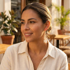 Woman wearing Lunadura Pearl Drop Earrings