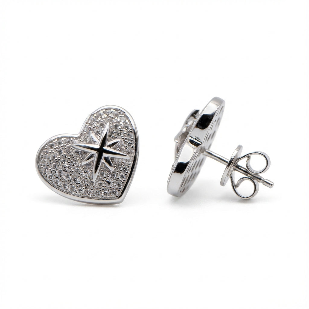 Northern Light Heart Silver Earrings with Pavé Cubic Zirconia Star Detail