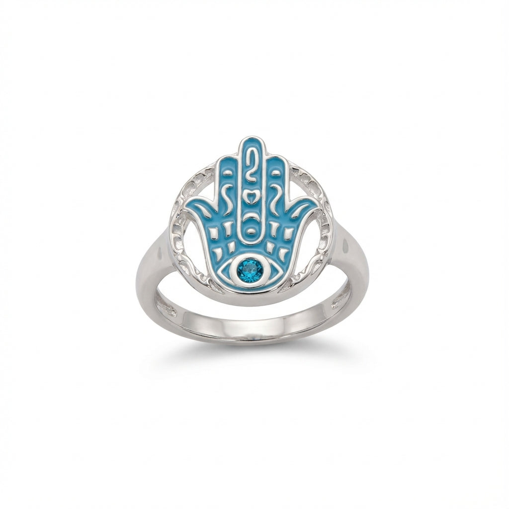 Silver Hamsa Ring with Blue Topaz & Enamel — Azure Guardian Talisman