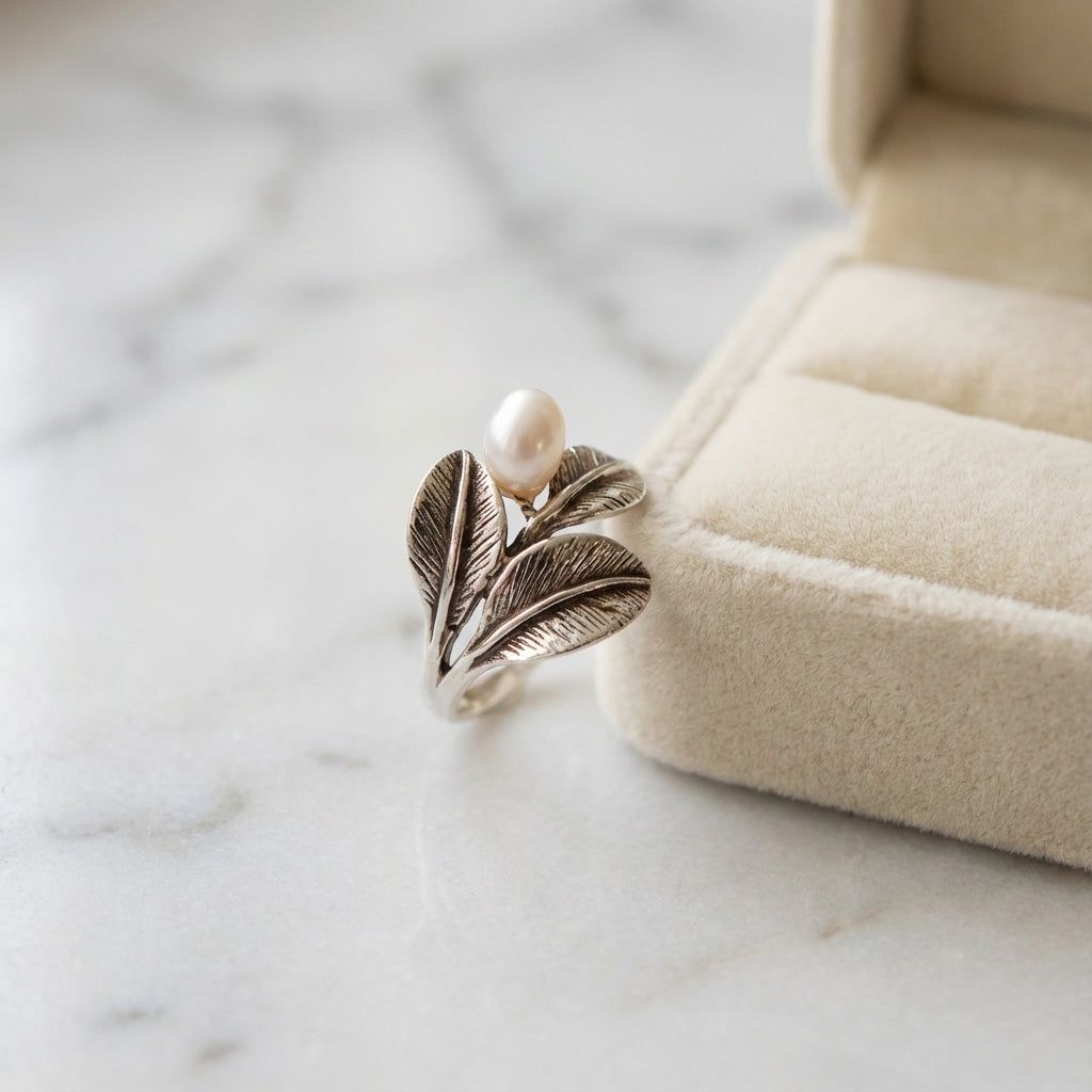 Flora Pearl Ring Sterling Silver Leaf Design with Freshwater Pearl