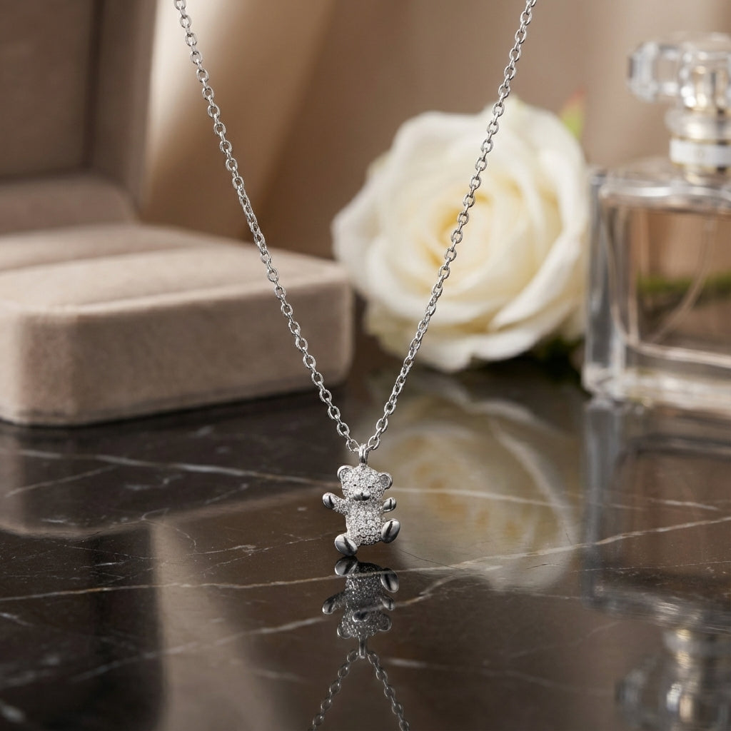 Sterling Silver Pavé Teddy Bear Pendant Necklace with CZ Crystals