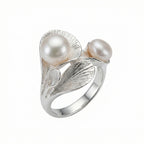 خاتم لؤلؤ مزدوج على شكل قطرة ندى من الفضة الإسترليني عيار 925 - تصميم نباتي على شكل ورقة نبات الهوستا