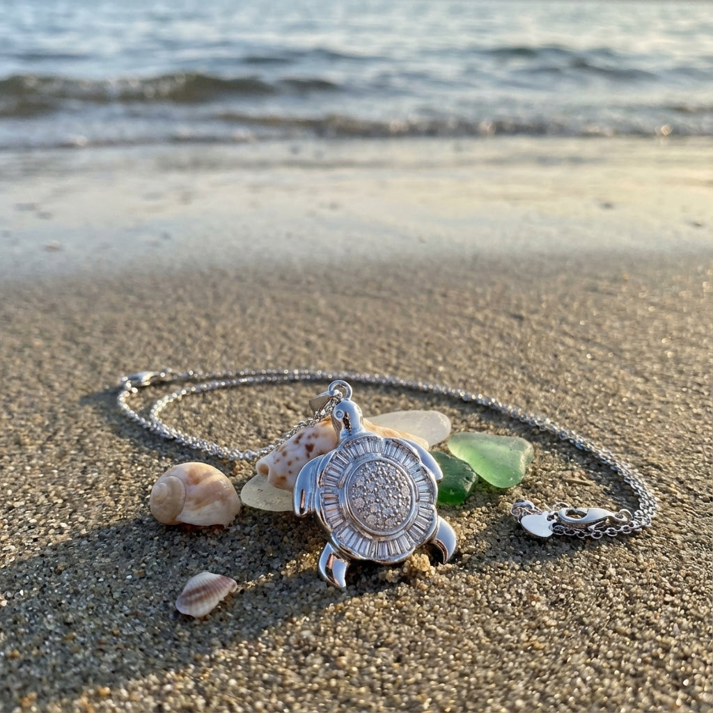 Moon Goddess Sea Turtle Necklace in 925 Sterling Silver