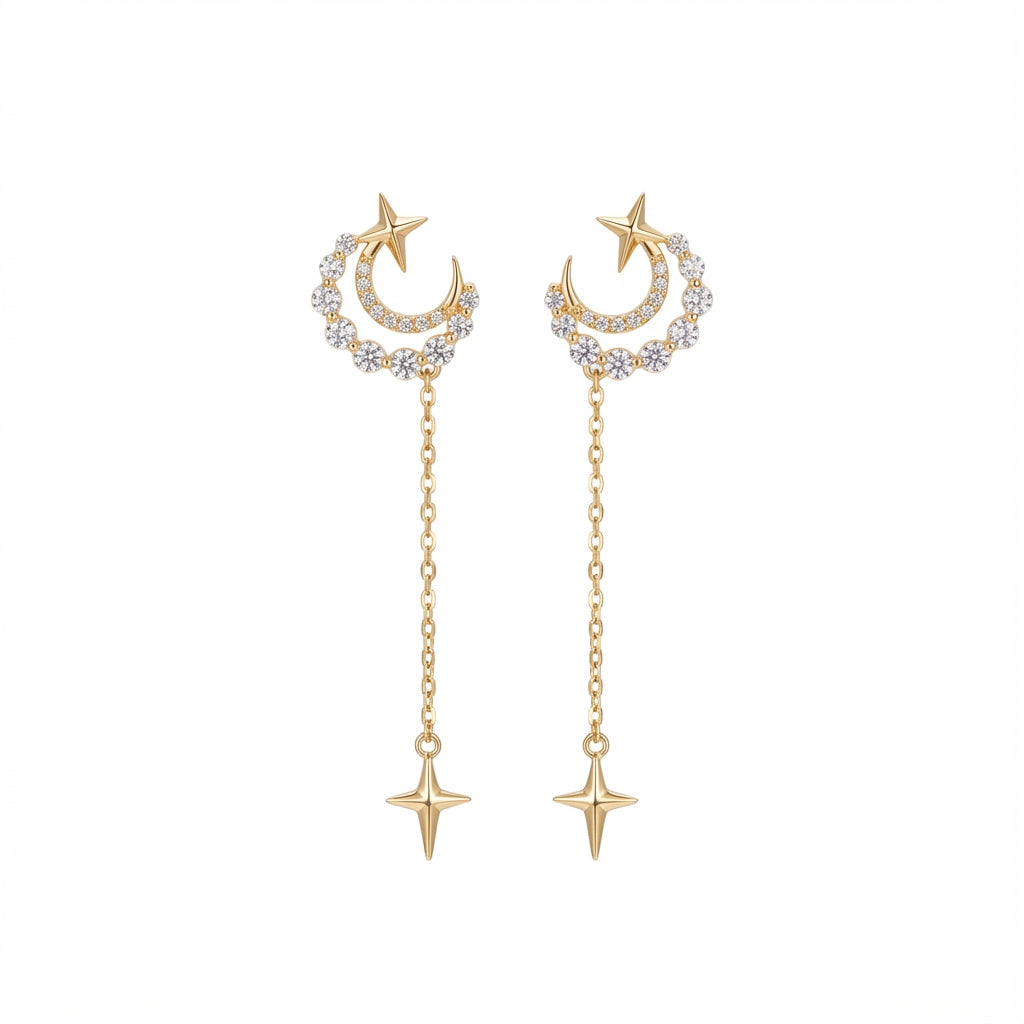 Crescent Moon and Star Drop Earrings in 925 Sterling Silver – Rhodium & 18K Gold