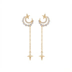 Crescent Moon and Star Drop Earrings in 925 Sterling Silver – Rhodium & 18K Gold
