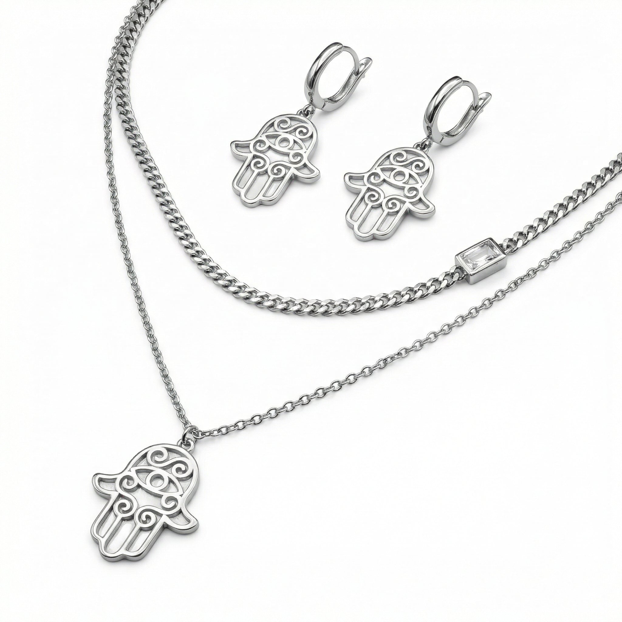 Sterling Silver Layered Hamsa Necklace & Earrings Set – Natural Mother of Pearl & Double Chain