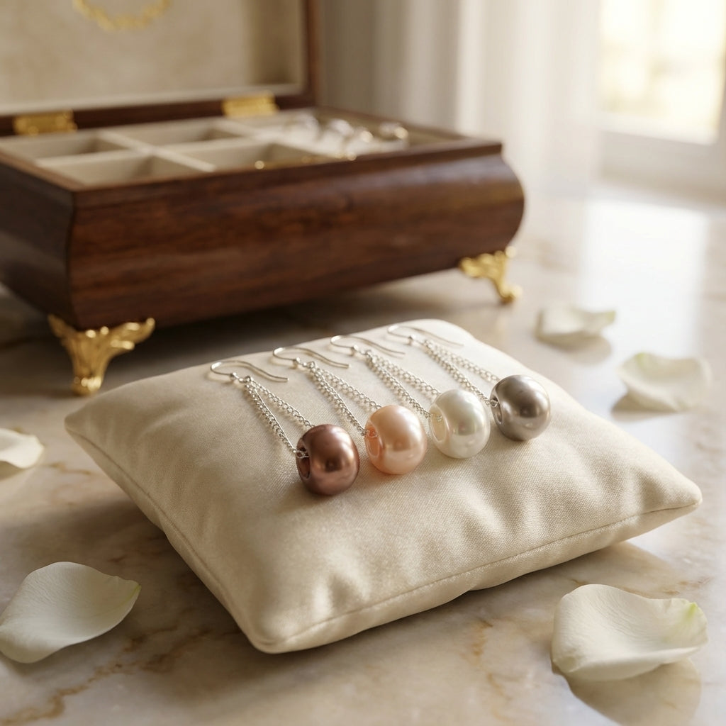 Set of pearl earrings in color variations displayed on a pillow with a wooden jewelry box in the background