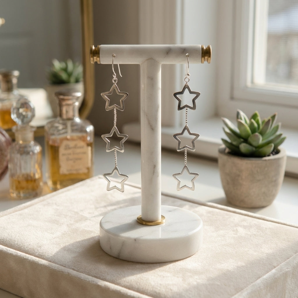 Sterling Silver Triple Star Dangle Earrings – Long Celestial Drop (Silver & Rose Gold Plated)