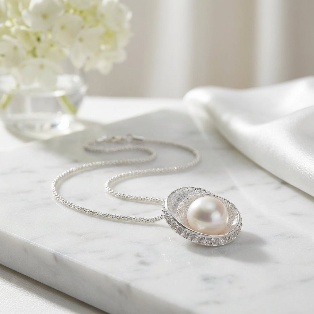 Sterling Silver Spiral Pearl Pendant Necklace with Textured Popcorn Chain Halo Design