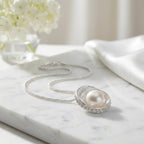 Sterling Silver Spiral Pearl Pendant Necklace with Textured Popcorn Chain Halo Design