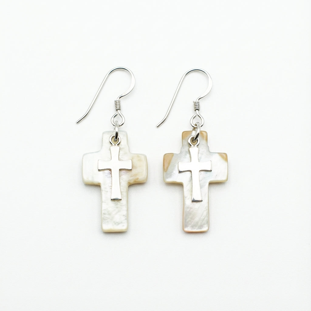 أقراط متدلية على شكل صليب من الصدف الطبيعي من الفضة عيار 925 - أبيض، أسود، برونزي