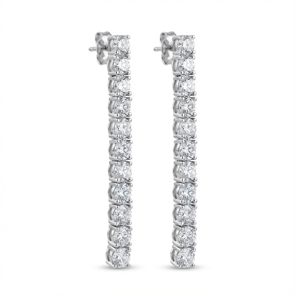 Sterling Silver Linear Tennis Earrings with CZ | Rhodium Plated Tarnish-Free Jewelry