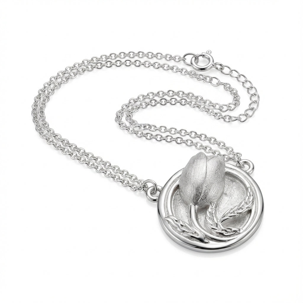 925 Sterling Silver Satin White Tulip Medallion Pendant with Hand-Carved Wheat