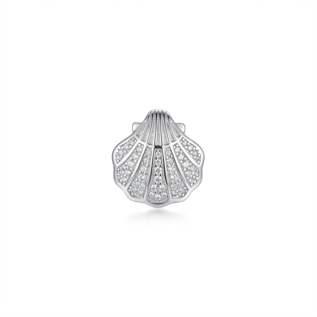 Pavé Silver Shell Stud Earrings in Rhodium Finish