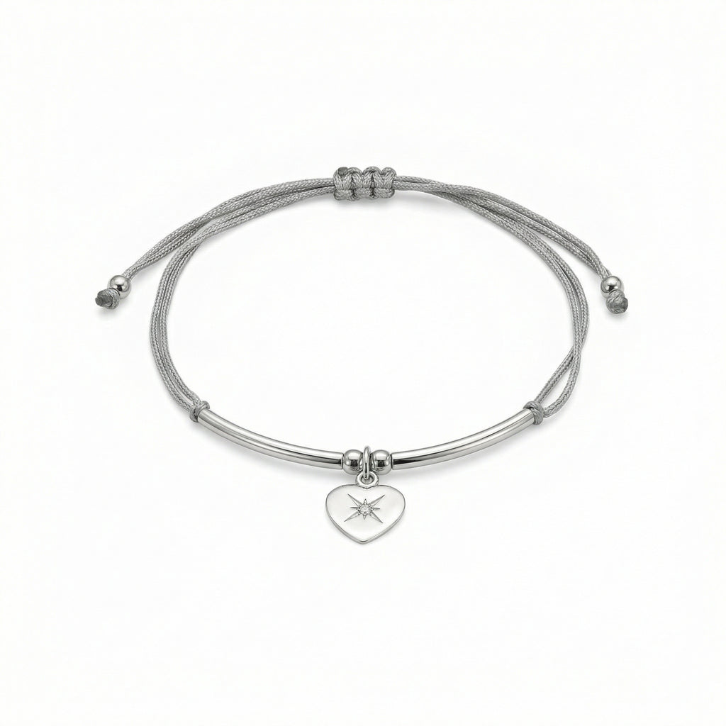 Sterling Silver North Star Heart Bracelet – Adjustable Grey Cord Friendship Jewelry